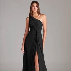 Azazie Brooke A-Line One Shoulder Chiffon Dress (Black)
